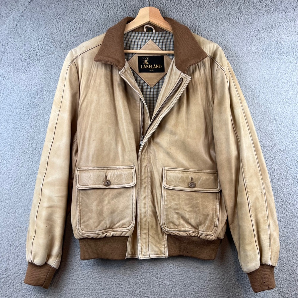 Vintage Lakeland 42 Mens Tan Suede Bomber‎ Jacket Distressed